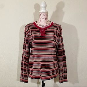 Erika sz:XL Red Striped Lace Cross Tie Front Long Sleeve Top